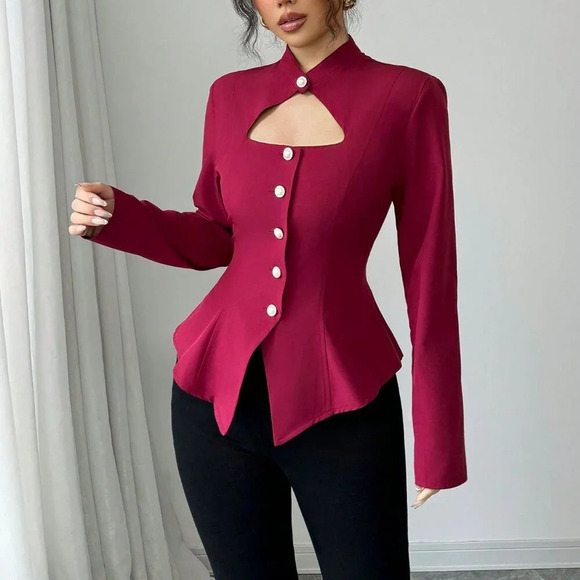 Burgundy Elegant Women's Chic Hollow Out Front Stand Collar Asymmetrical Blouse - Picture 6 of 6